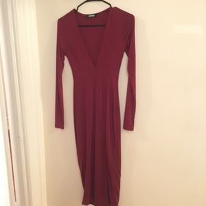 Missguided Burgundy Deep V Plunge Midi Dress